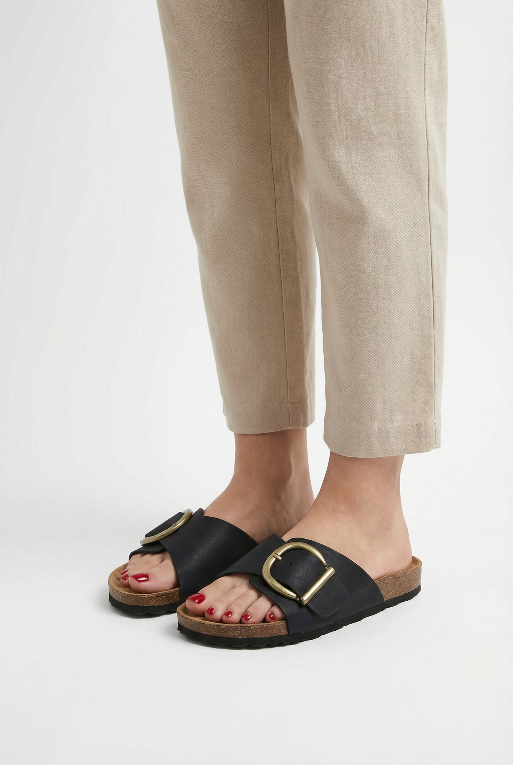 Women's Cork Slippers with Buckle Strap and Open Toe Design