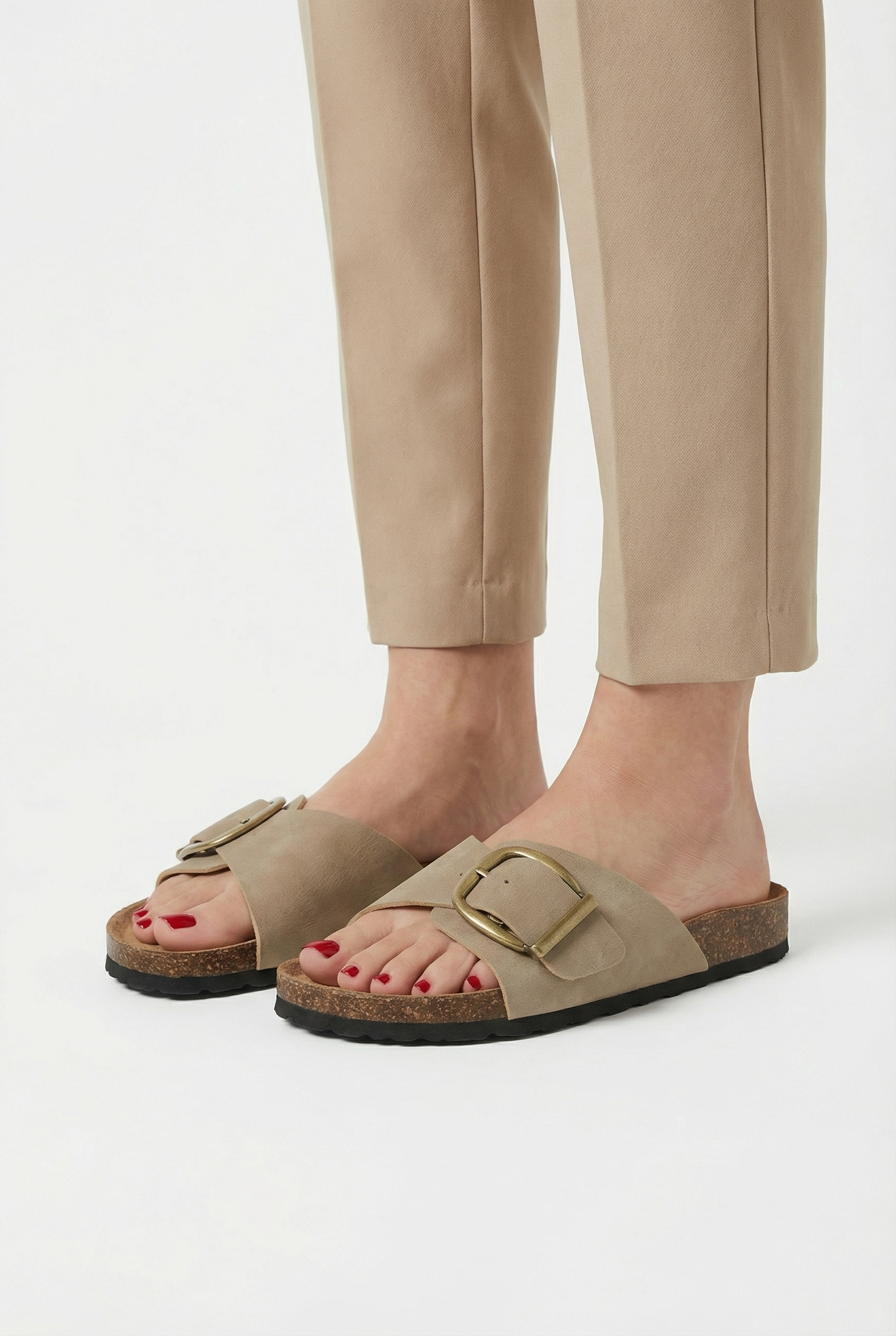 Women's Cork Slippers with Buckle Strap and Open Toe Design
