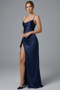 Women’s Navy Blue Satin Style Strappy High Slit Evening Dress