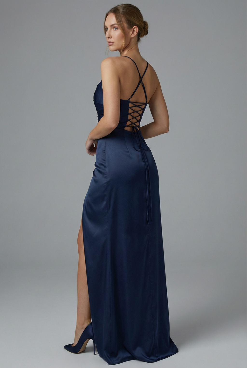 Women’s Navy Blue Satin Style Strappy High Slit Evening Dress