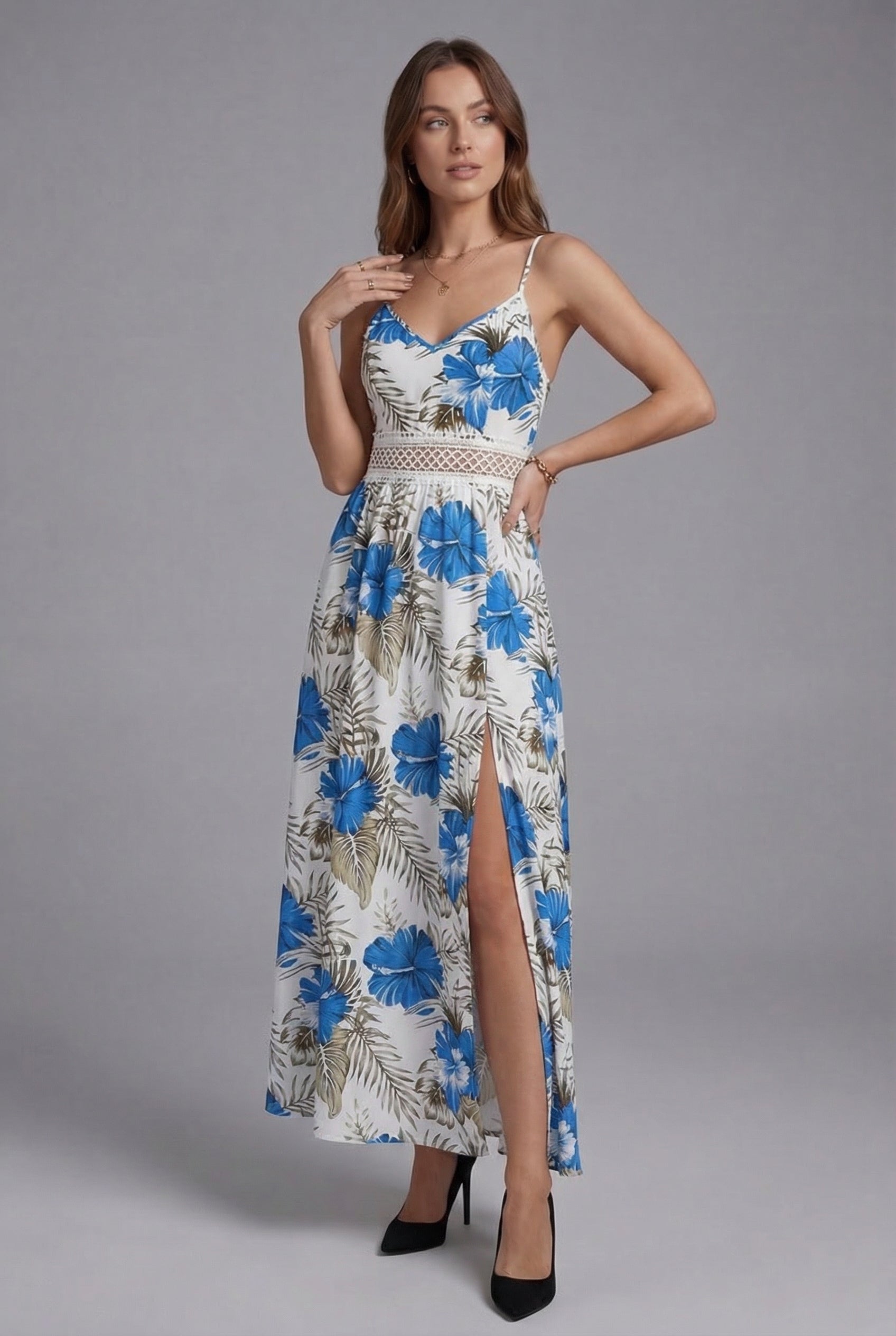 Women’s Floral Spaghetti Strap Elegant Split Maxi Dress