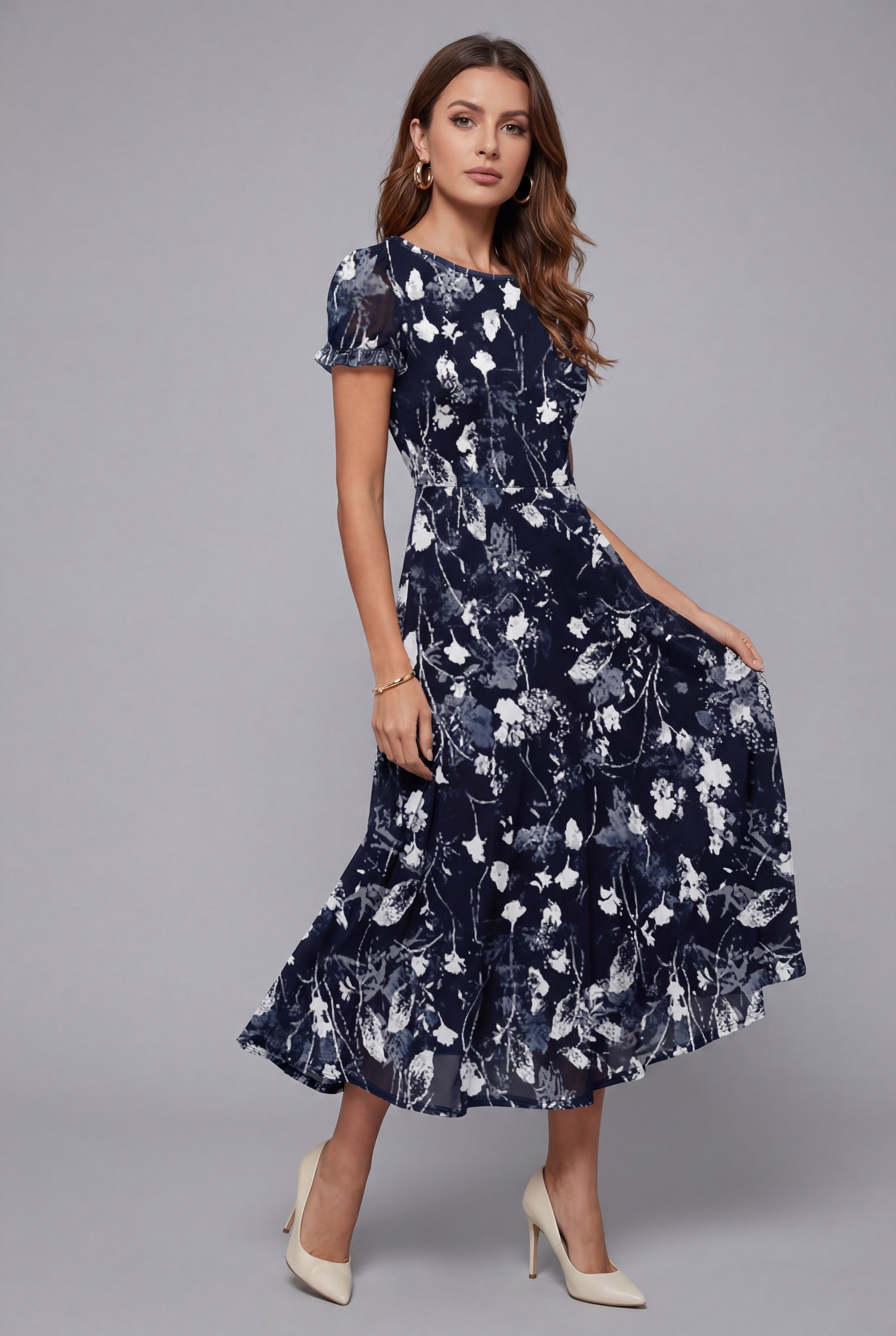 Women’s Ascot Floral Midi Dress Elegant Crew Neck Short Sleeve