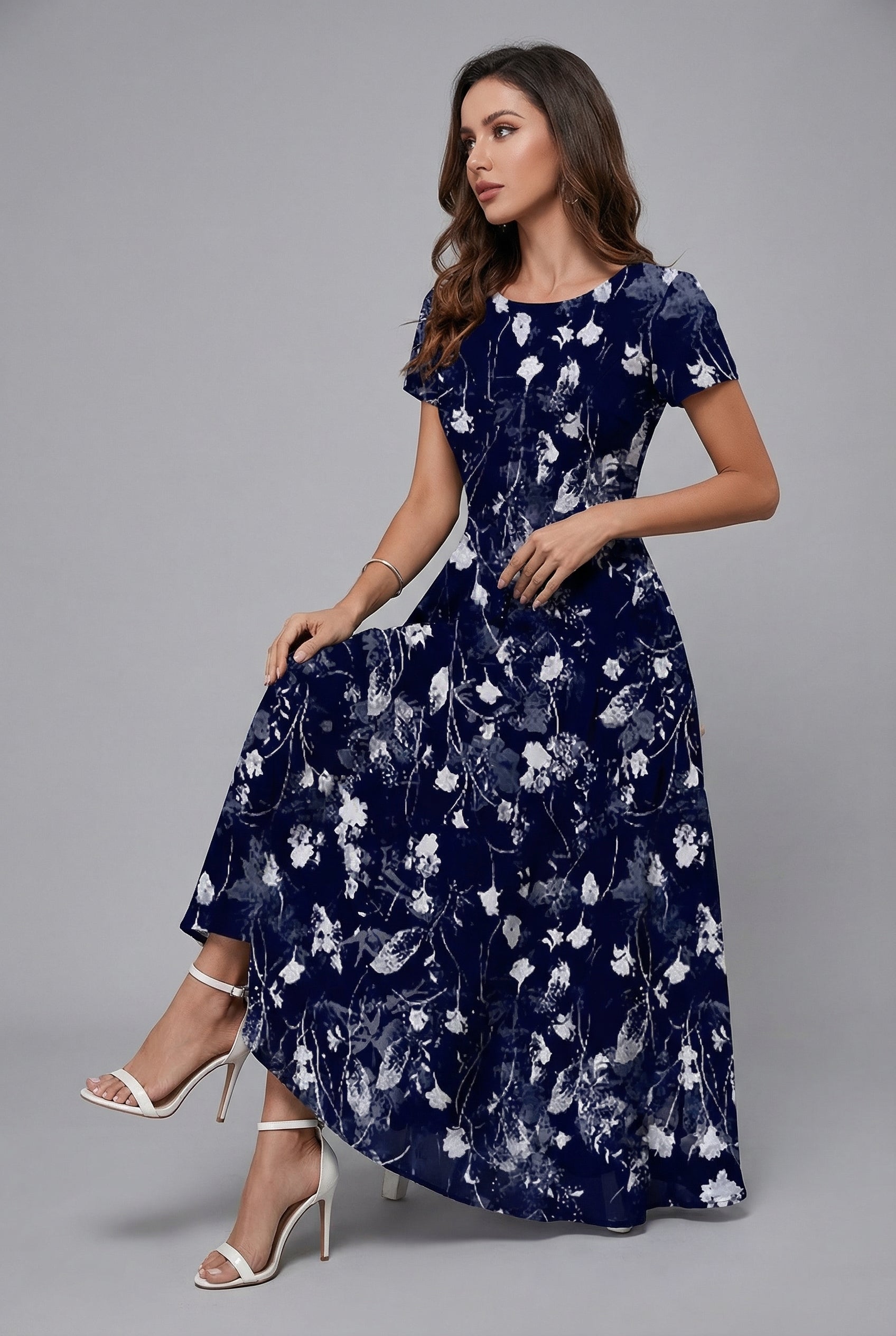 Women’s Ascot Floral Midi Dress Elegant Crew Neck Short Sleeve