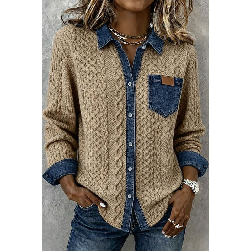 Khaki Textured Contrast Panel Blouse, front view