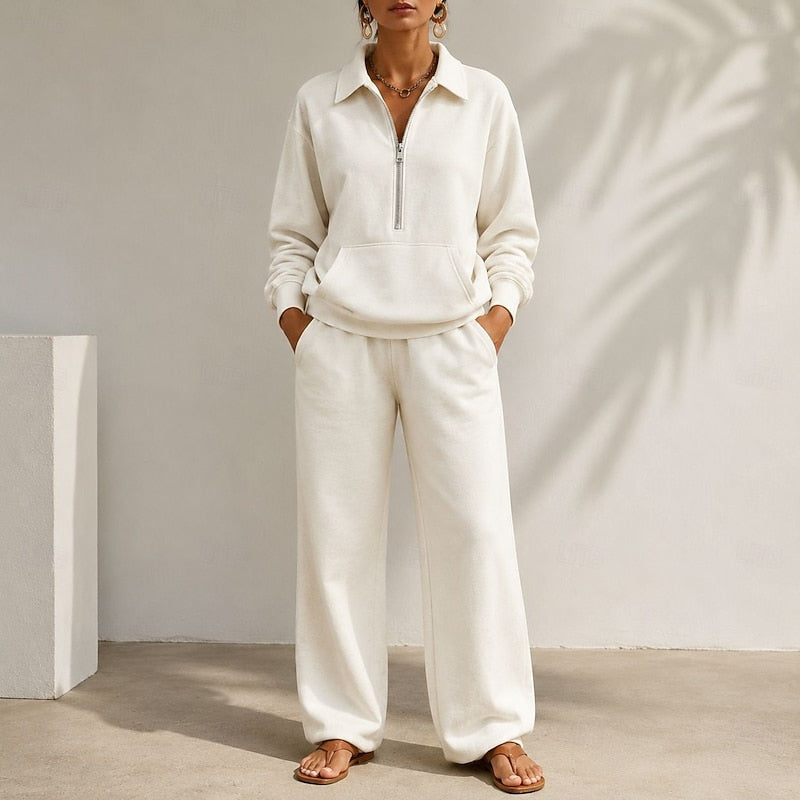 White Relaxed Zip-Collar Co-ord Set, front view