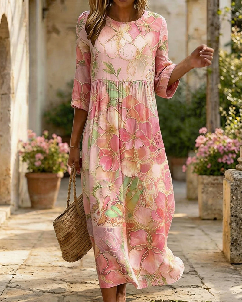 Pink watercolor floral three-quarter sleeve maxi dress, front view