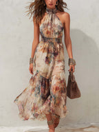 Joyce | Floral Maxi Dress with Halter Neck and Tiered Skirt