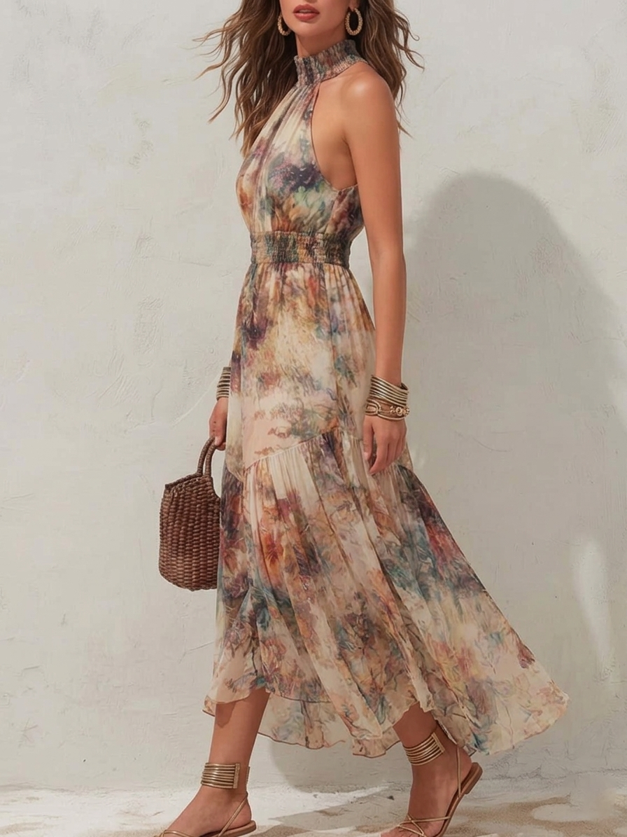 Joyce | Floral Maxi Dress with Halter Neck and Tiered Skirt