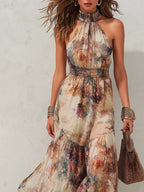 Joyce | Floral Maxi Dress with Halter Neck and Tiered Skirt