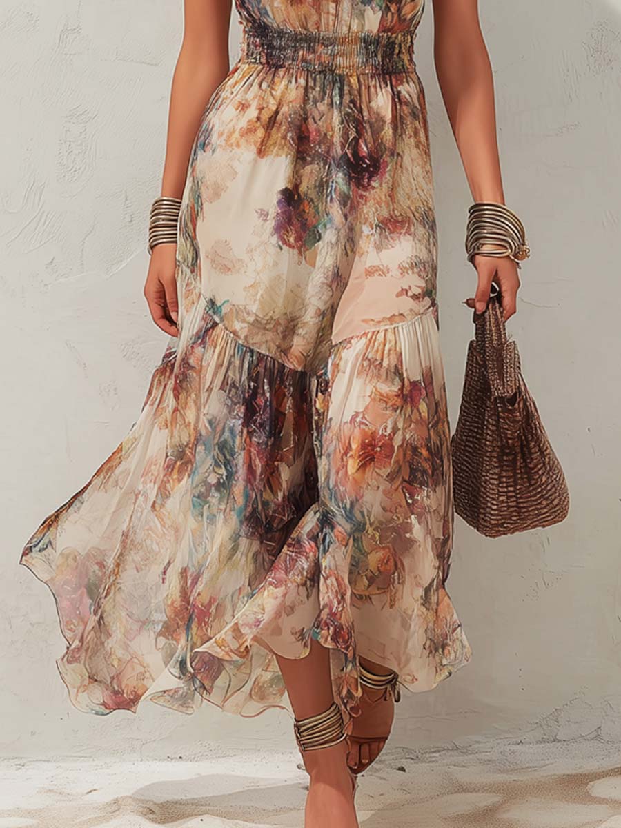 Joyce | Floral Maxi Dress with Halter Neck and Tiered Skirt