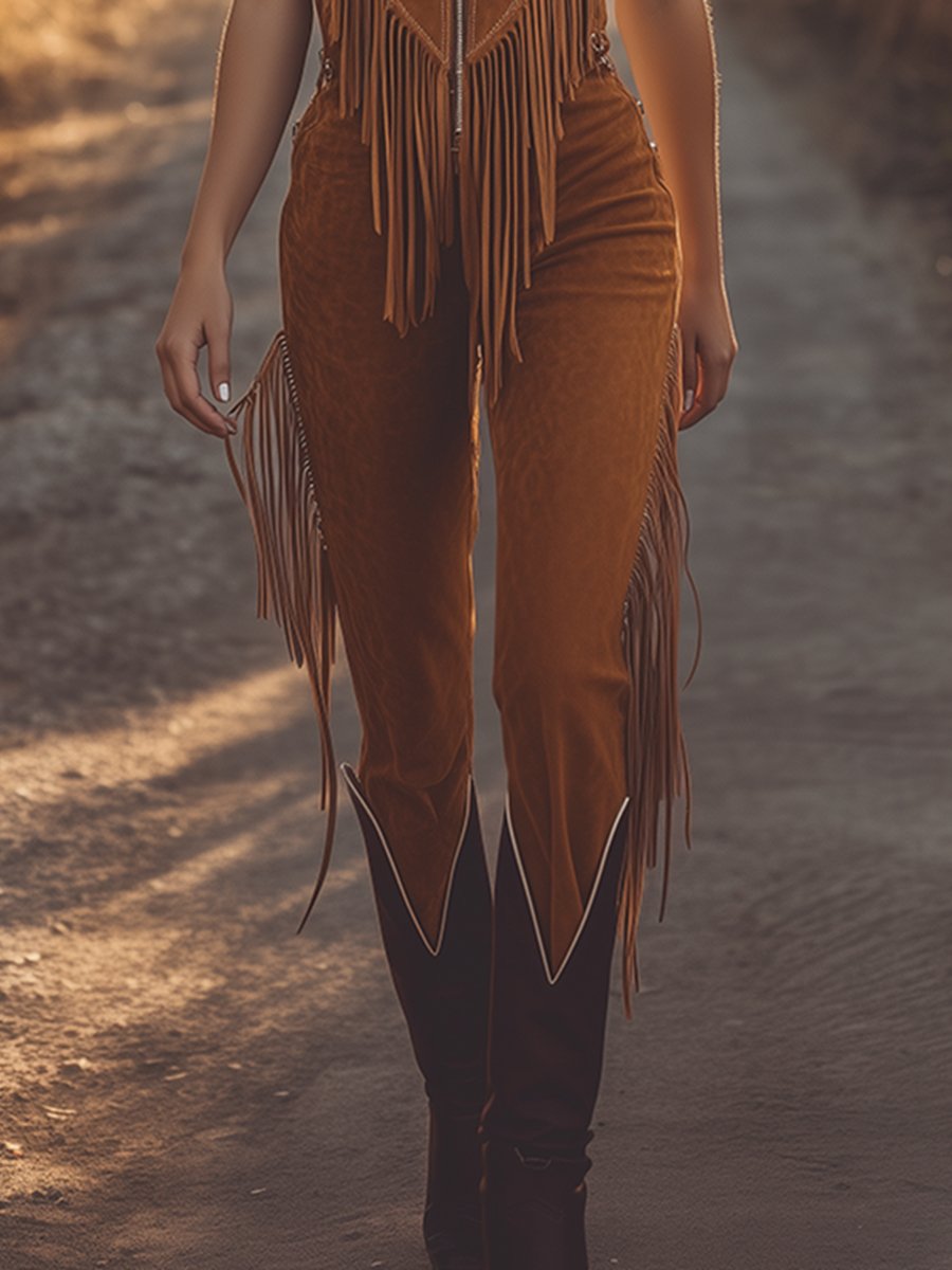 Brown Suede Fringe Vest Jumpsuit