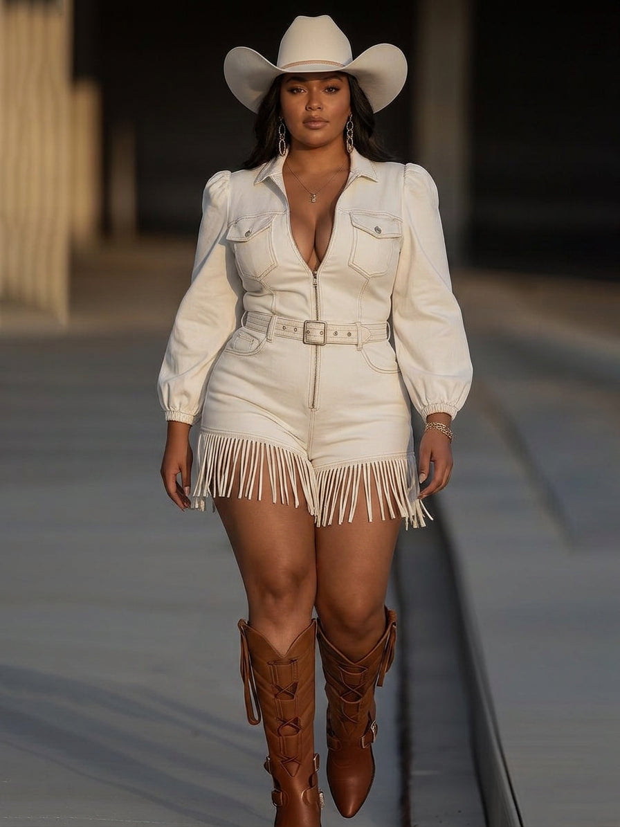 White retro fringe denim cowboy Mini Dress, styled with boots and hat