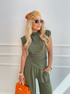 Elegant Draped Two-Piece Set with Wide-Leg Pants
