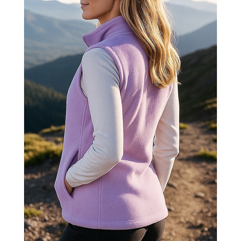 Purple brushed zip-up vest with stand collar, back view