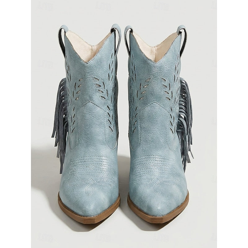 Blue Tasseled Western Ankle Boots
