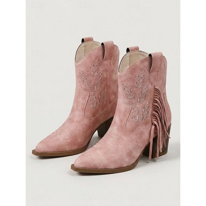 Pink Tasseled Western Ankle Boots
