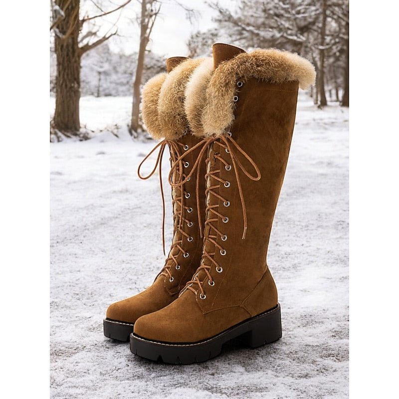 Camel knee-high lace-up winter Boots, front view