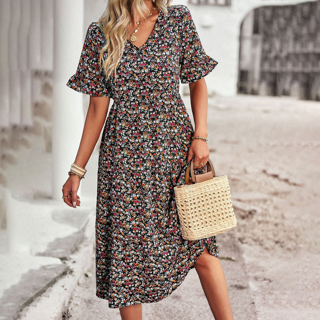Lauren | Women's V-Neck Ruffle Sleeve Midi Dress