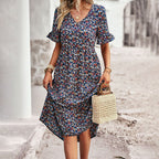 Lauren | Women's V-Neck Ruffle Sleeve Midi Dress