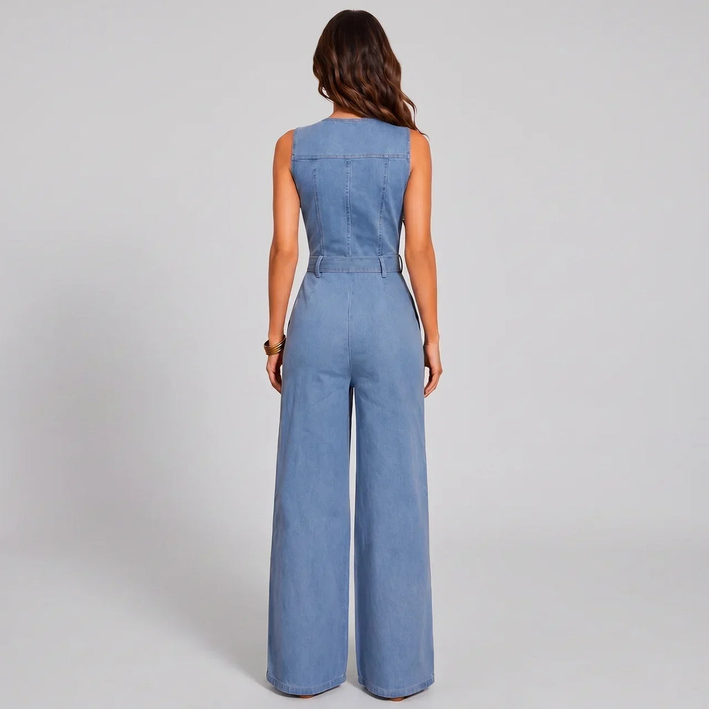 Sky Blue Belted Wide-Leg Denim Jumpsuit