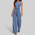 Sky Blue Belted Wide-Leg Denim Jumpsuit, front view