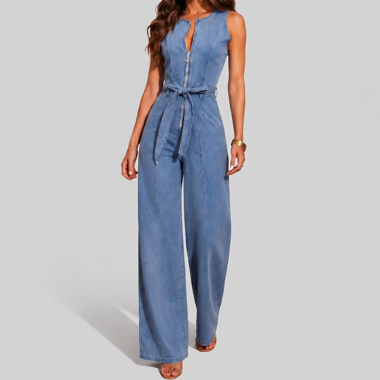 Sky Blue Belted Wide-Leg Denim Jumpsuit, front view