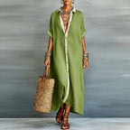 Women's Linen Maxi Shirt Dress Button Down Short Sleeve Relaxed
