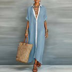 Women's Linen Maxi Shirt Dress Button Down Short Sleeve Relaxed