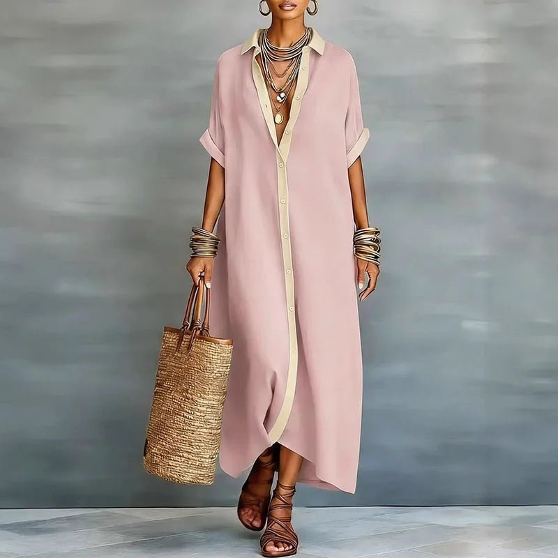 Women's Linen Maxi Shirt Dress Button Down Short Sleeve Relaxed