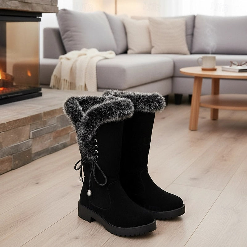 Black fur-trimmed knee-high winter Boots