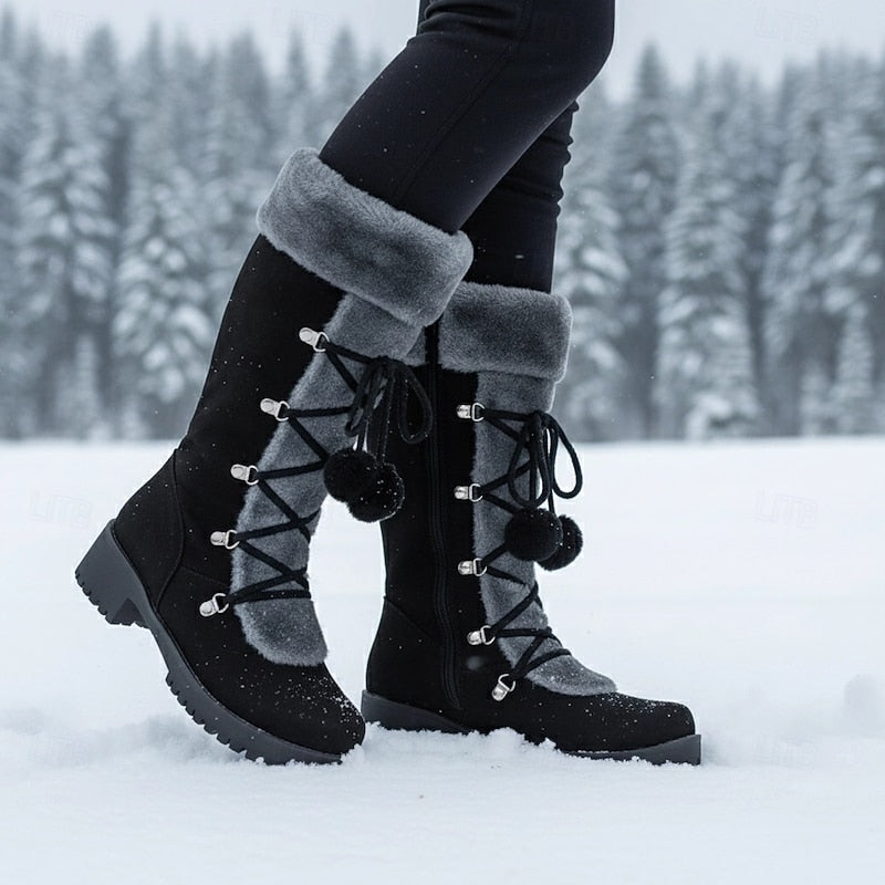 Black cozy lace-up winter Boots, front view