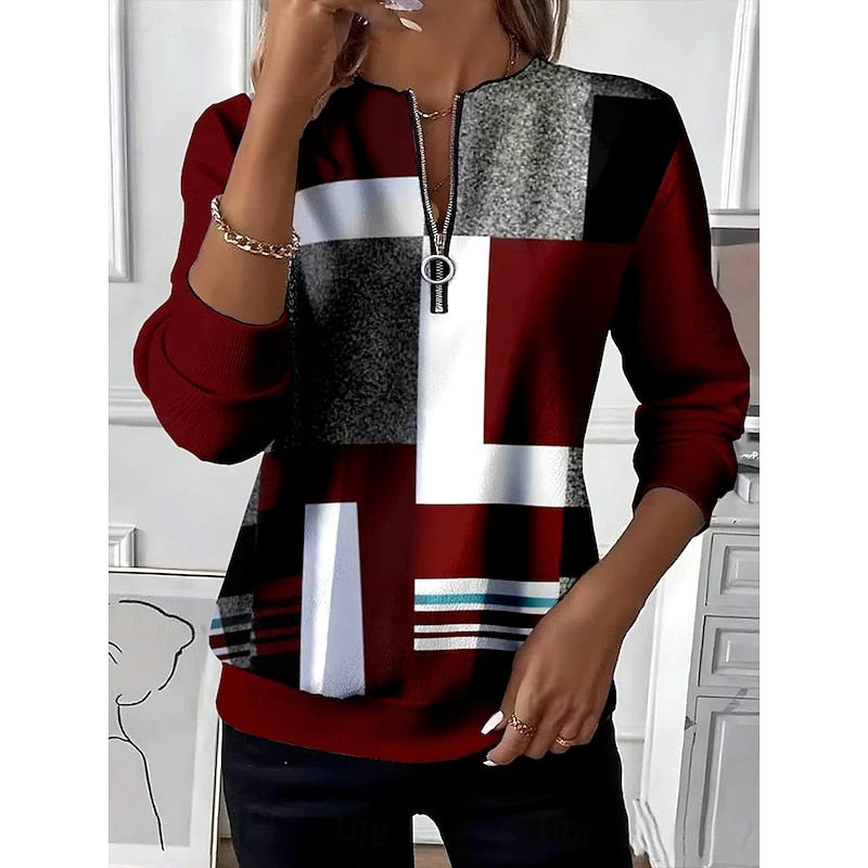 Wine Color Block Zip-Neck Sweatshirt, front view