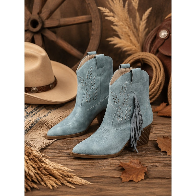 Purple Tasseled Western Ankle Boots