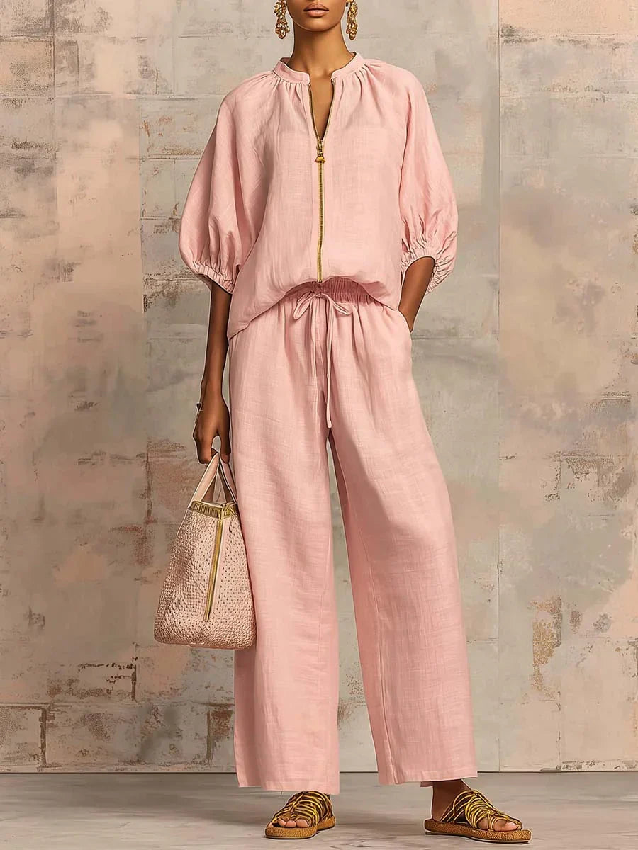Pink zip-front two-piece co-ord set, front view