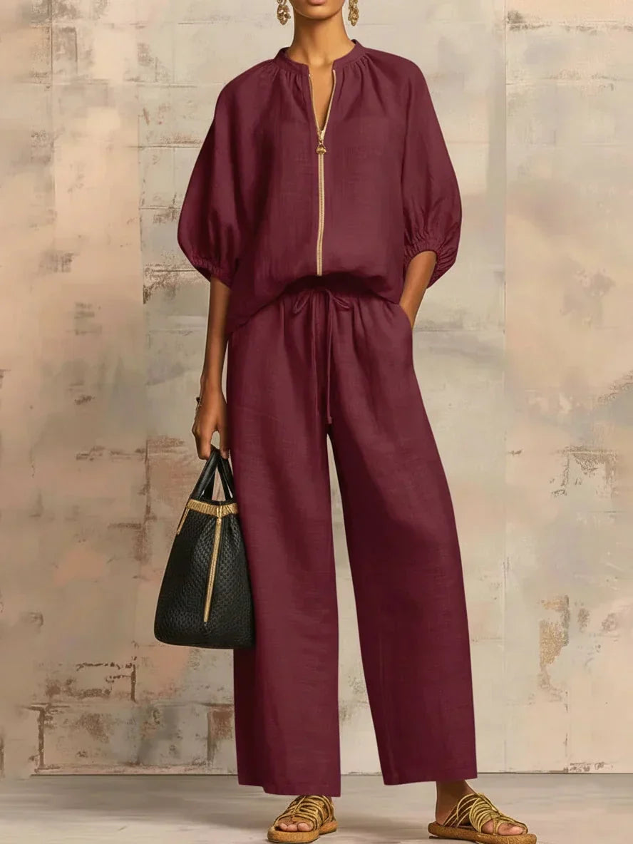 Red zip-front two-piece co-ord set