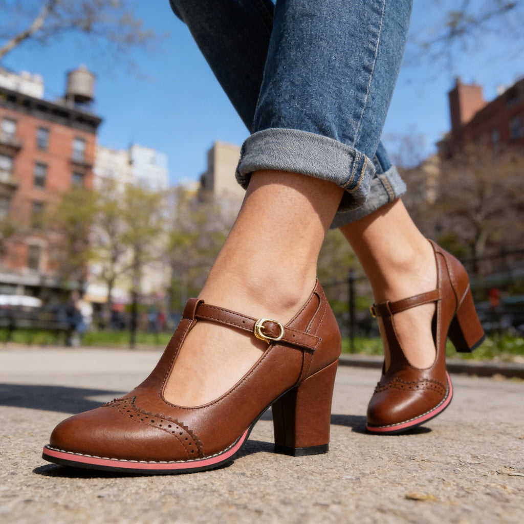 Black T-strap brogue Mary Jane block Heels
