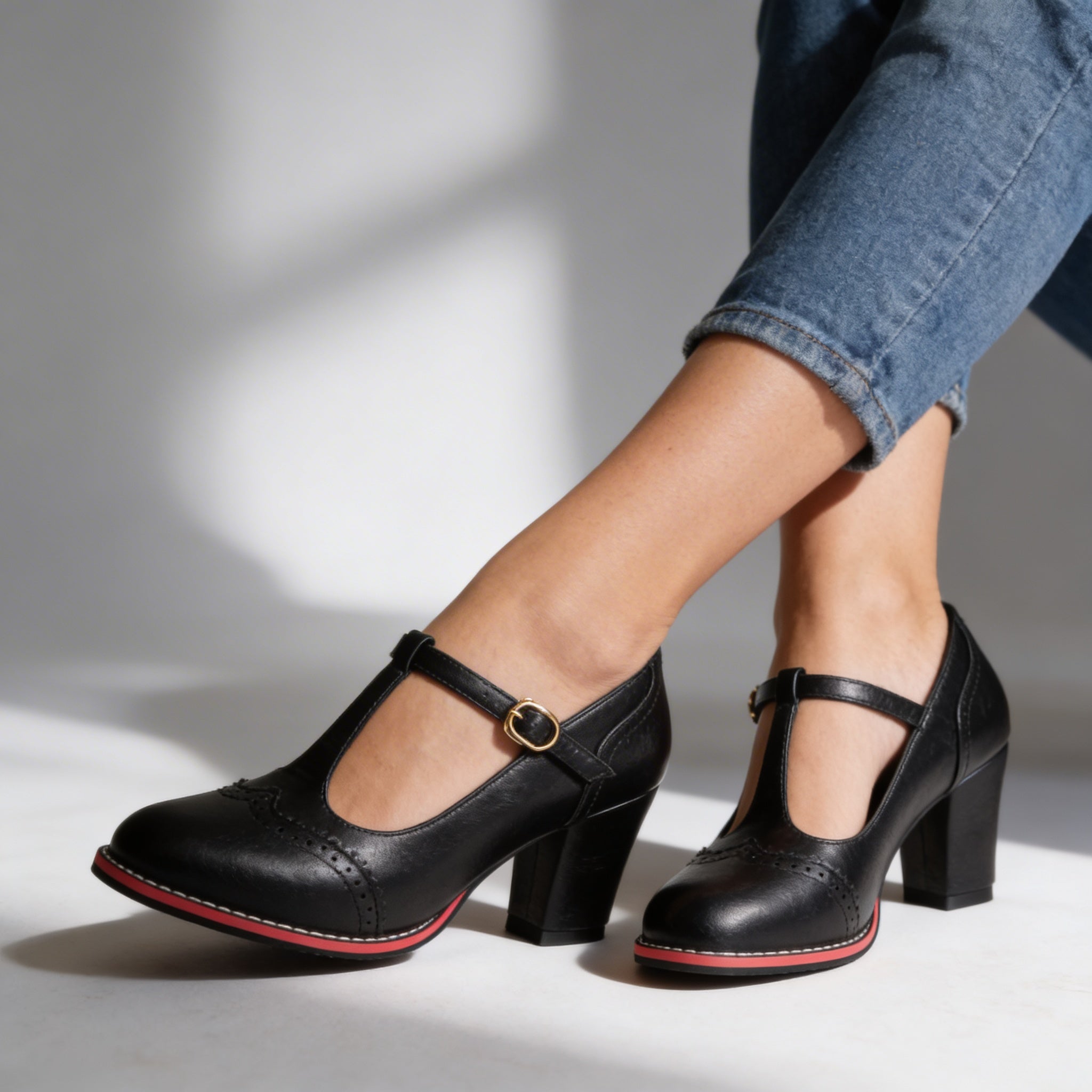 Black T-strap brogue Mary Jane block Heels