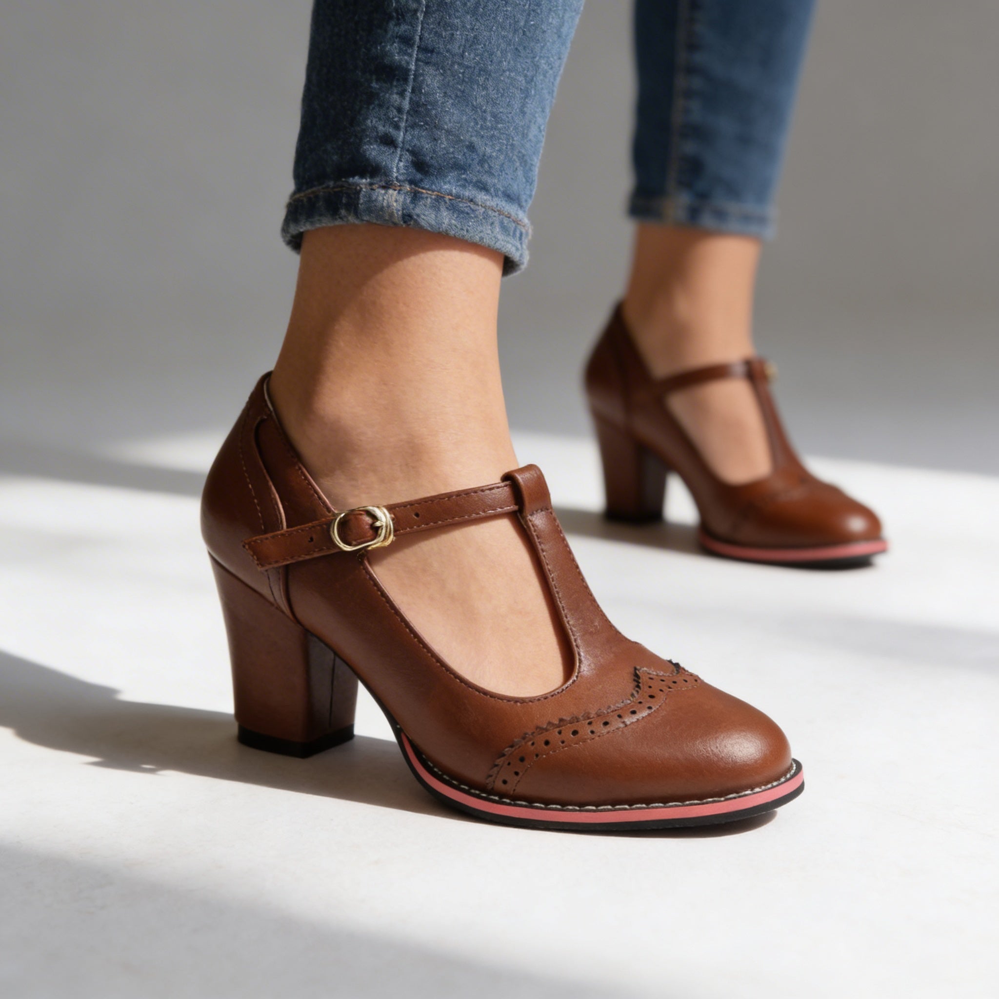 Black T-strap brogue Mary Jane block Heels