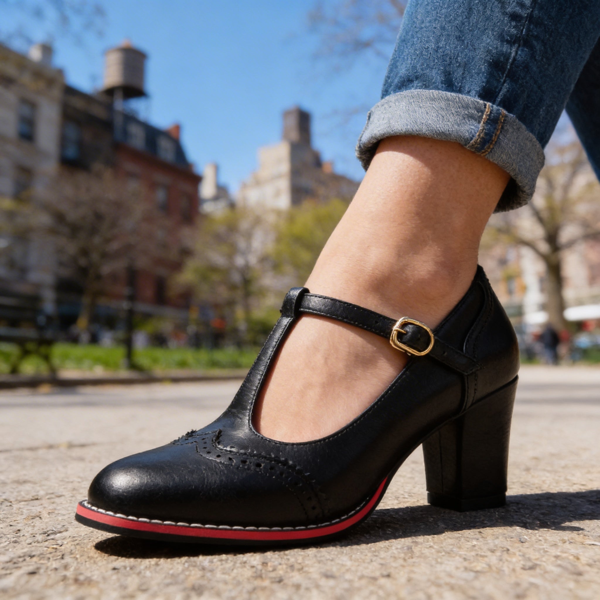 Black T-strap brogue Mary Jane block Heels