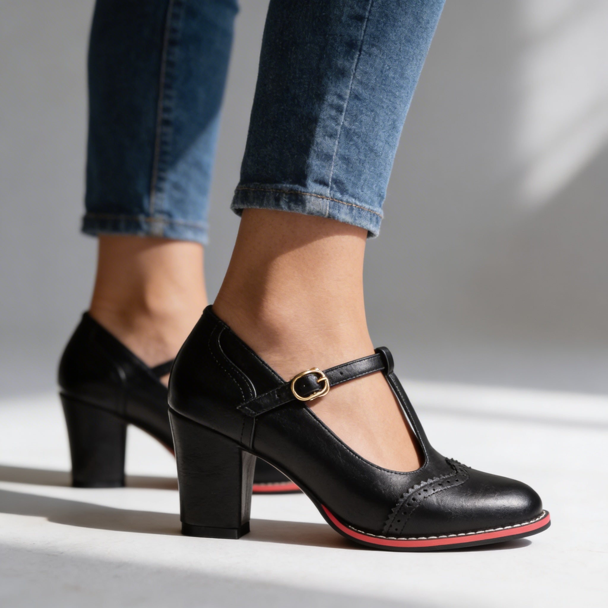 Black T-strap brogue Mary Jane block Heels