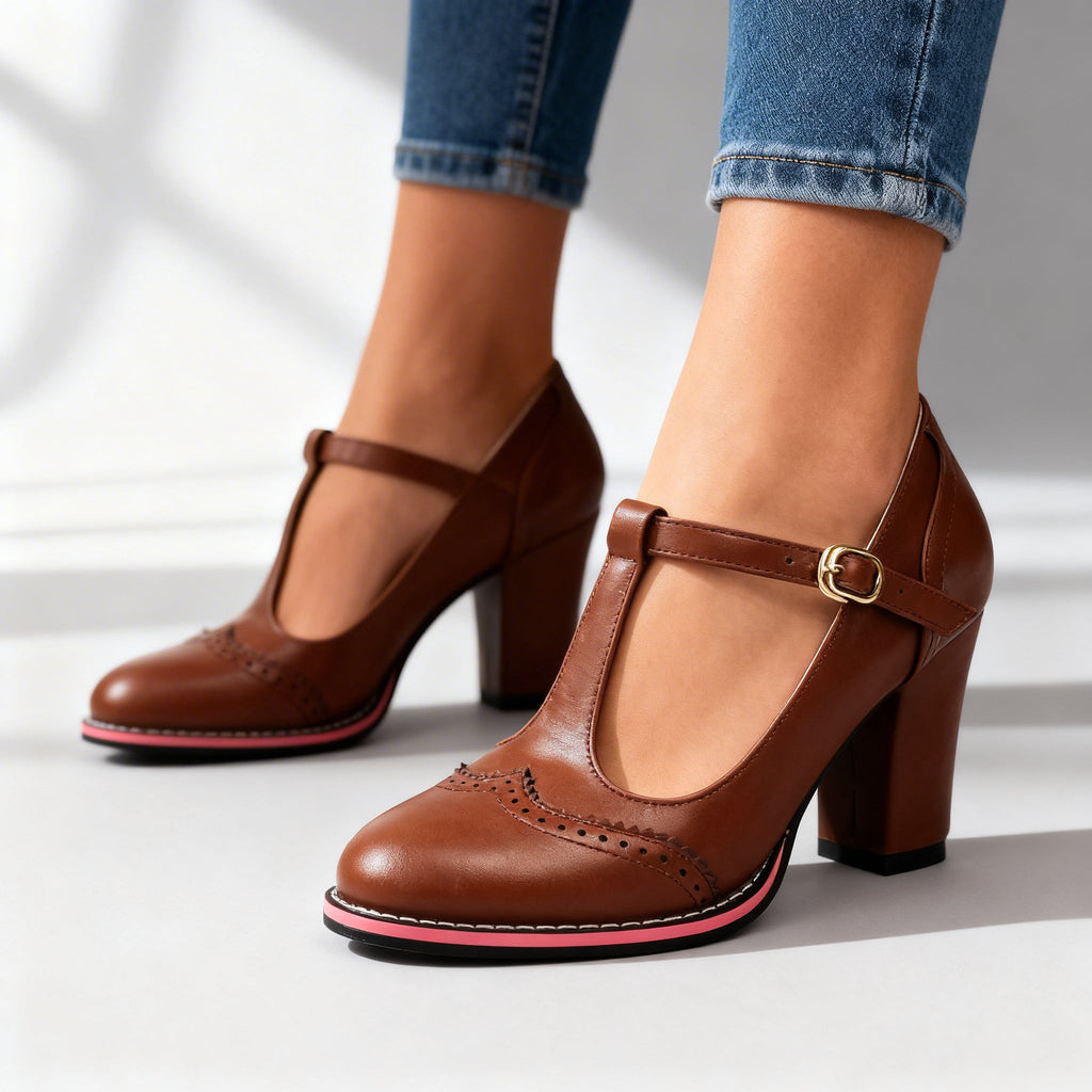 Brown T-strap brogue Mary Jane block Heels