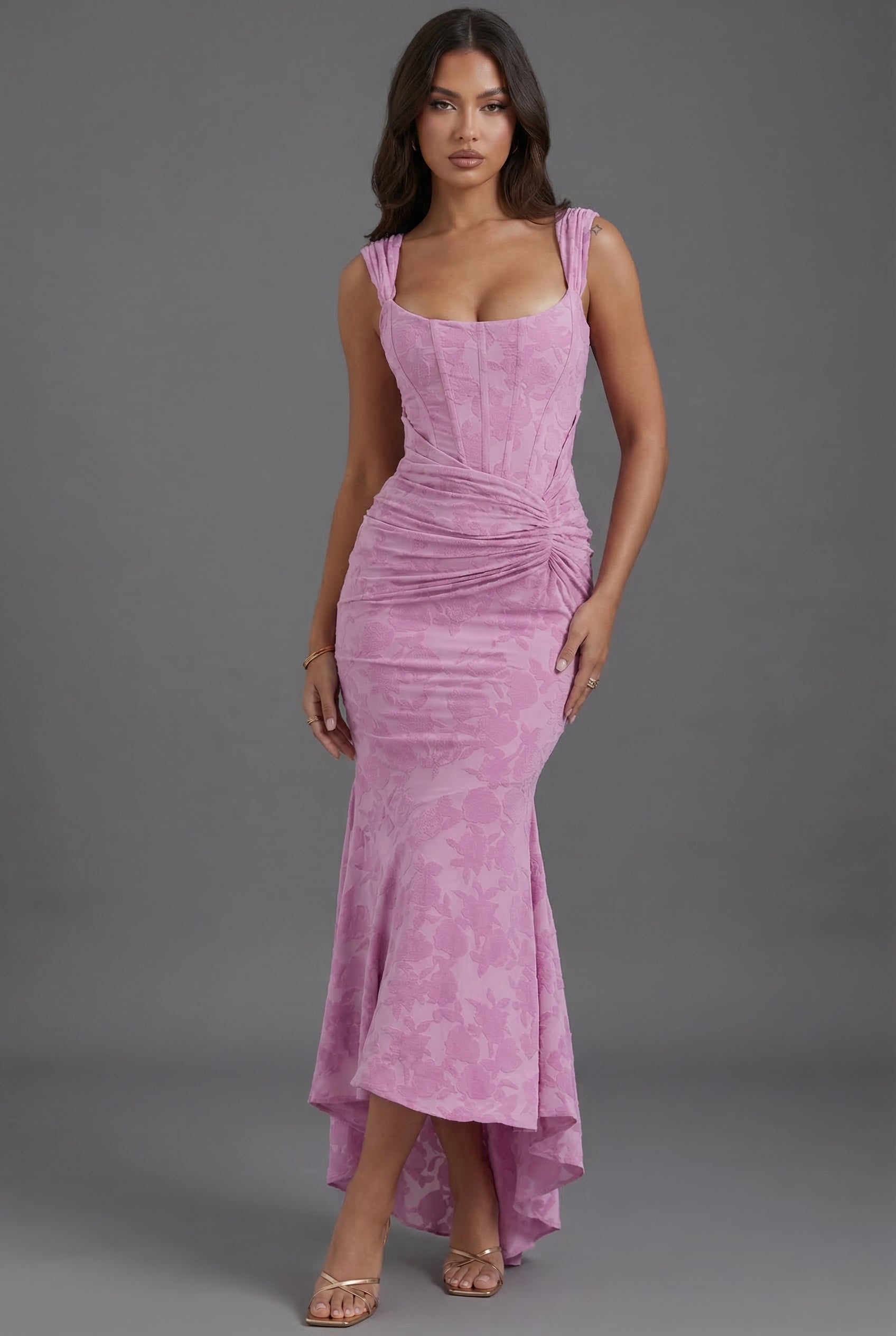 Floral Wedding Guest Corset Ruched Fishtail Maxi Dress