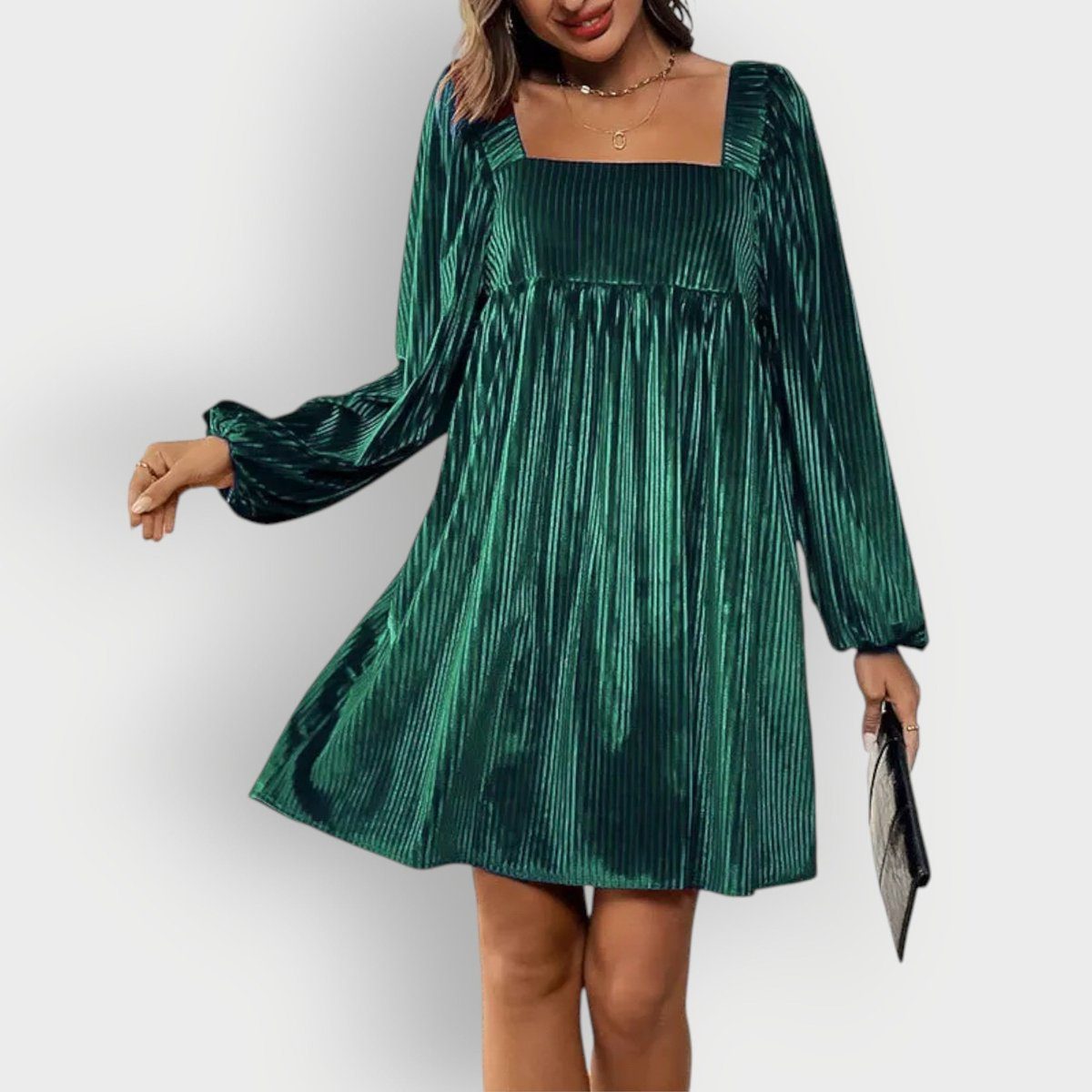 Dark Green velvet pleated square-neck Formal Dress, front view
