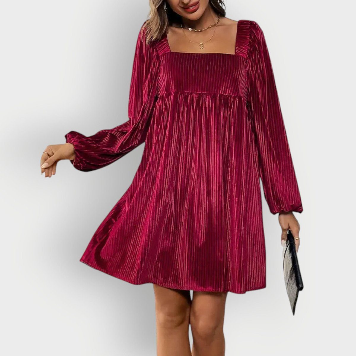 Wine Red velvet pleated square-neck Formal Dress