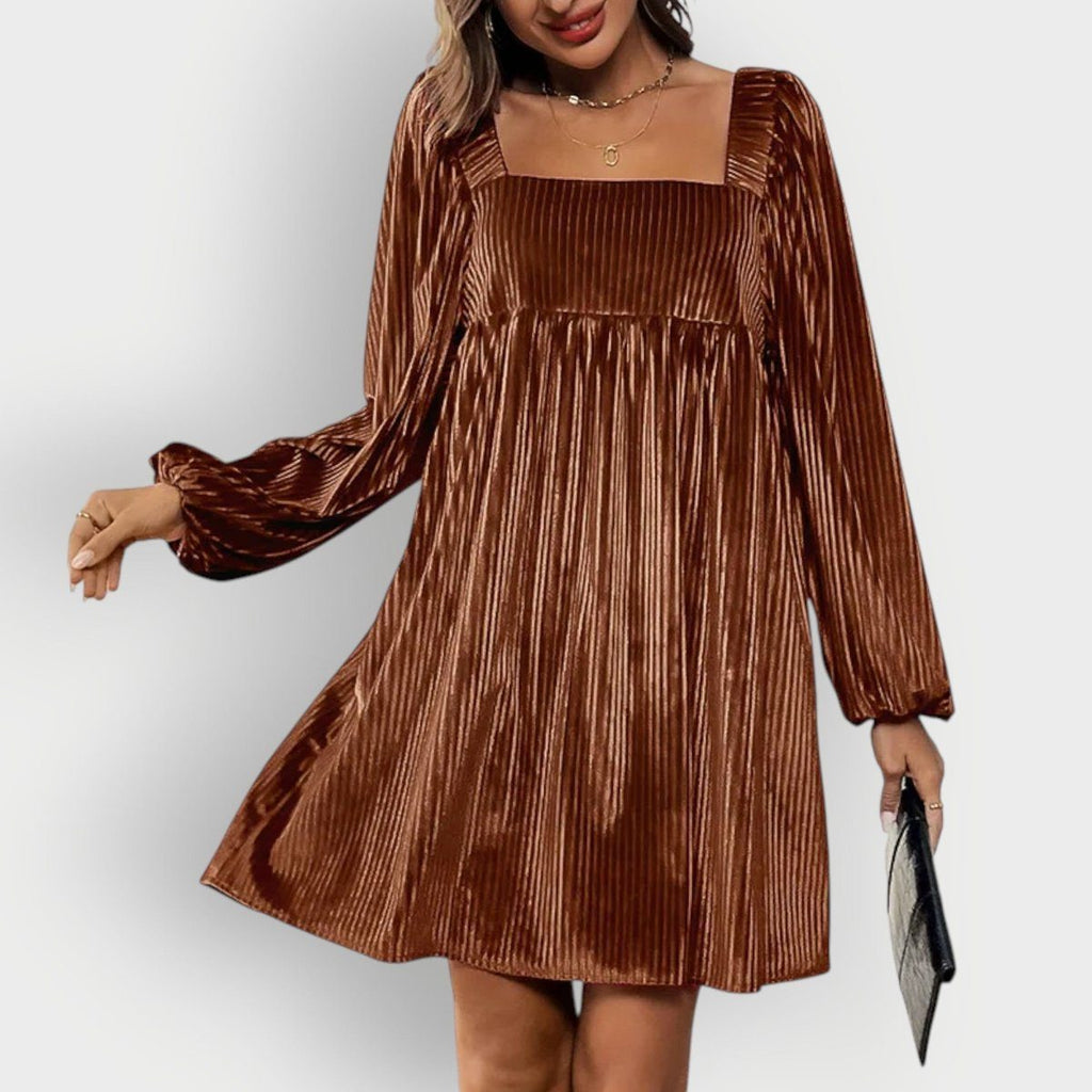 Brown velvet pleated square-neck Formal Dress