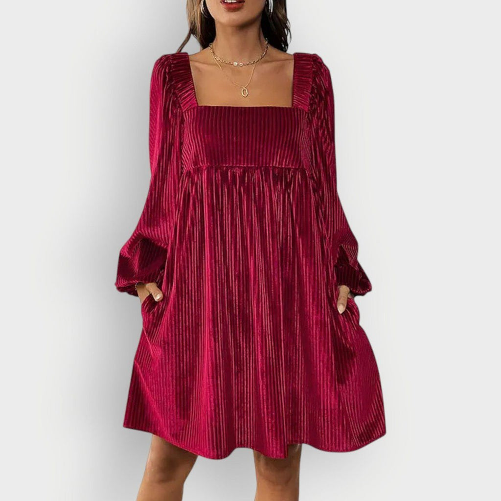 Dark Green velvet pleated square-neck Formal Dress