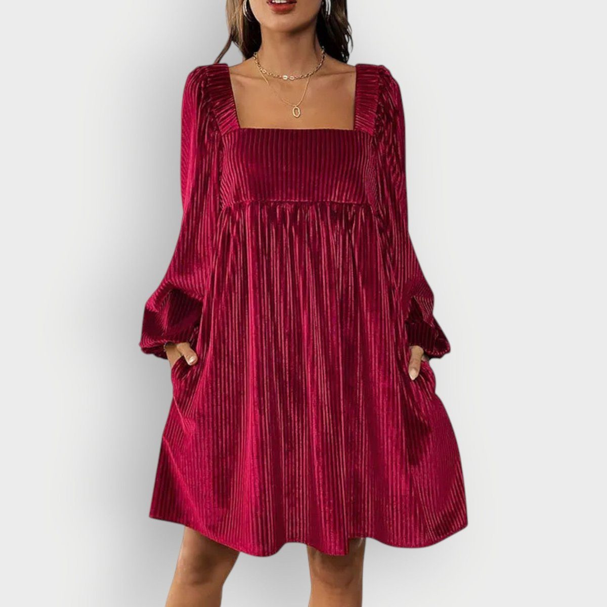 Dark Green velvet pleated square-neck Formal Dress