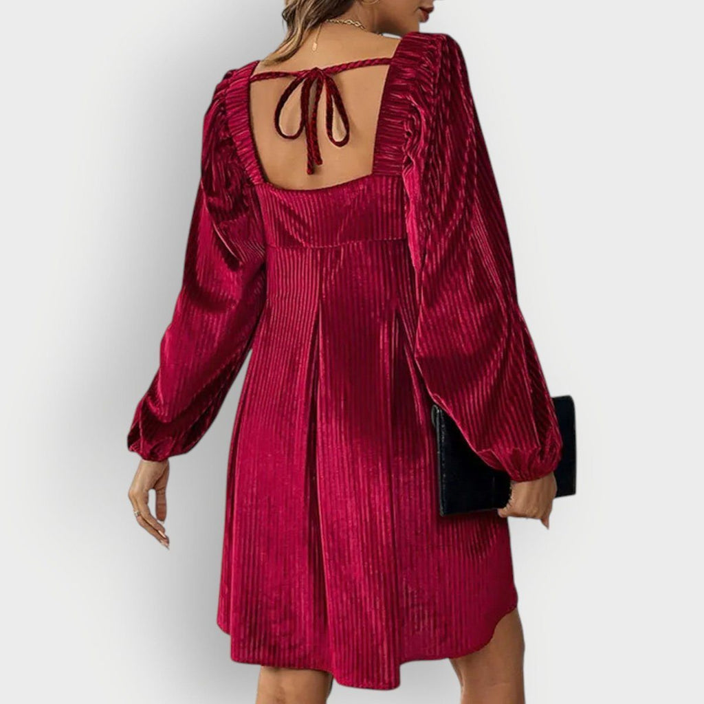 Wine Red velvet pleated square-neck Formal Dress