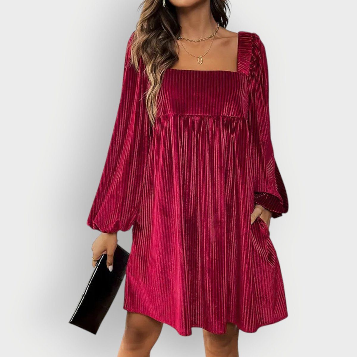 Brown velvet pleated square-neck Formal Dress