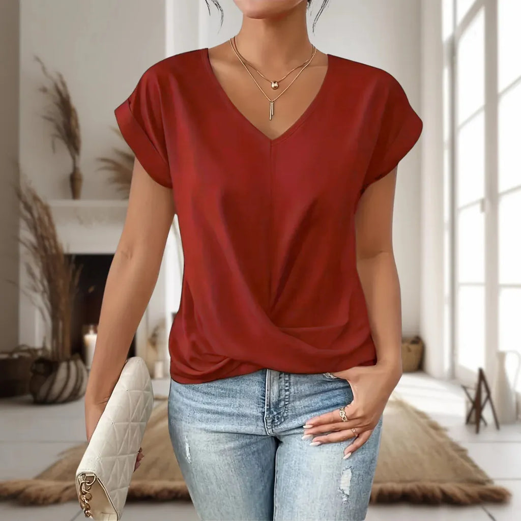 Black V neck twist hem blouse women summer, front view